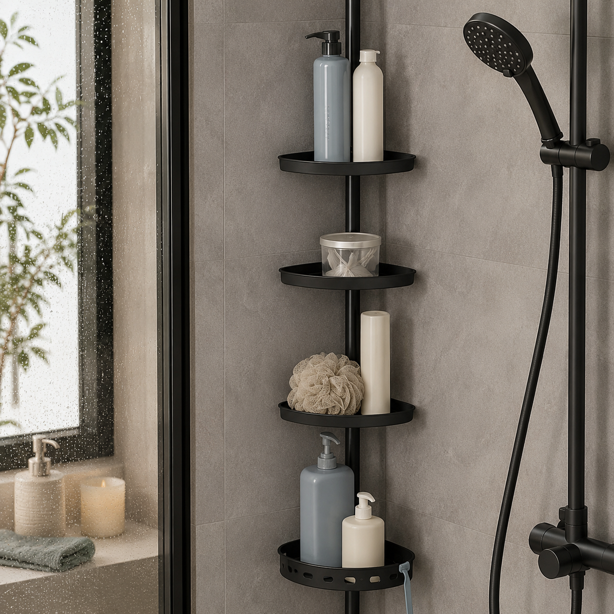 Black 4-Tier Tension Pole Shower Caddy