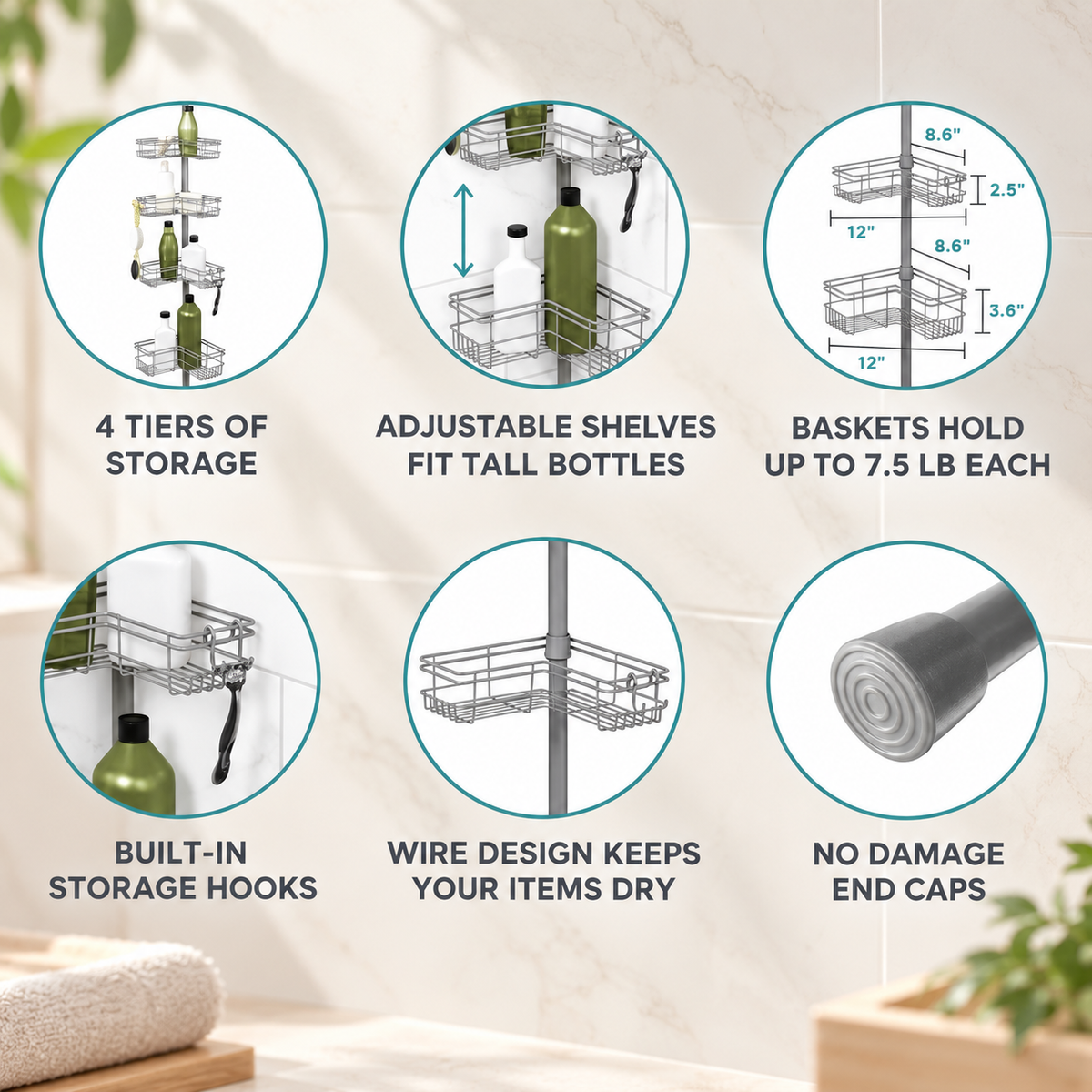 Satin Nickel 4-Tier Tension Shower Caddy