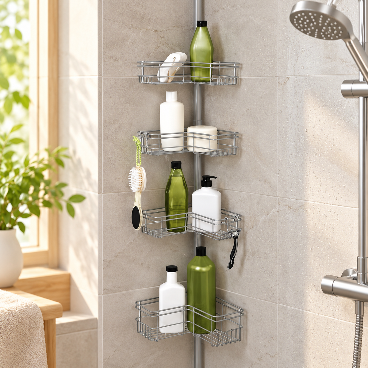 Satin Nickel 4-Tier Tension Shower Caddy