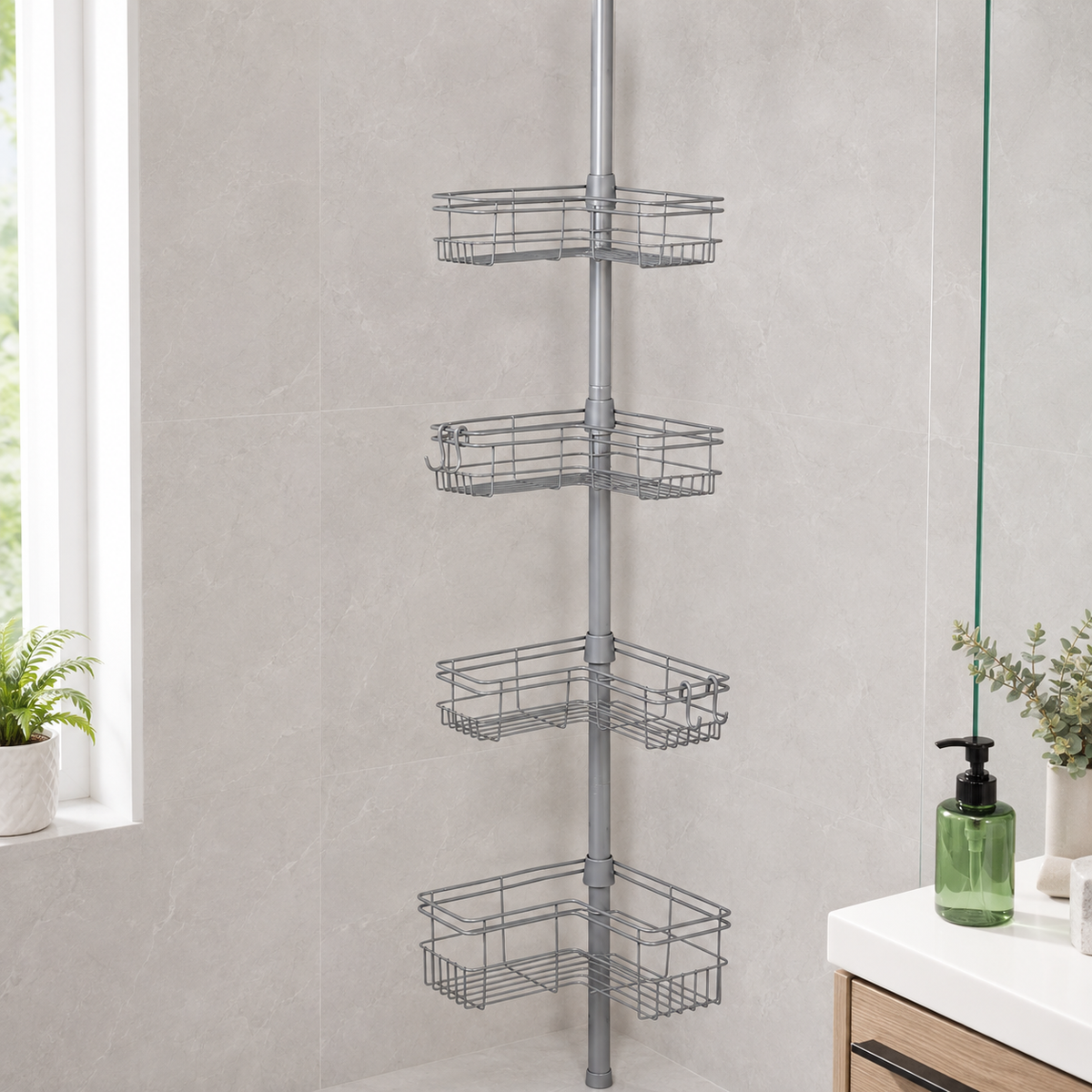 Satin Nickel 4-Tier Tension Shower Caddy