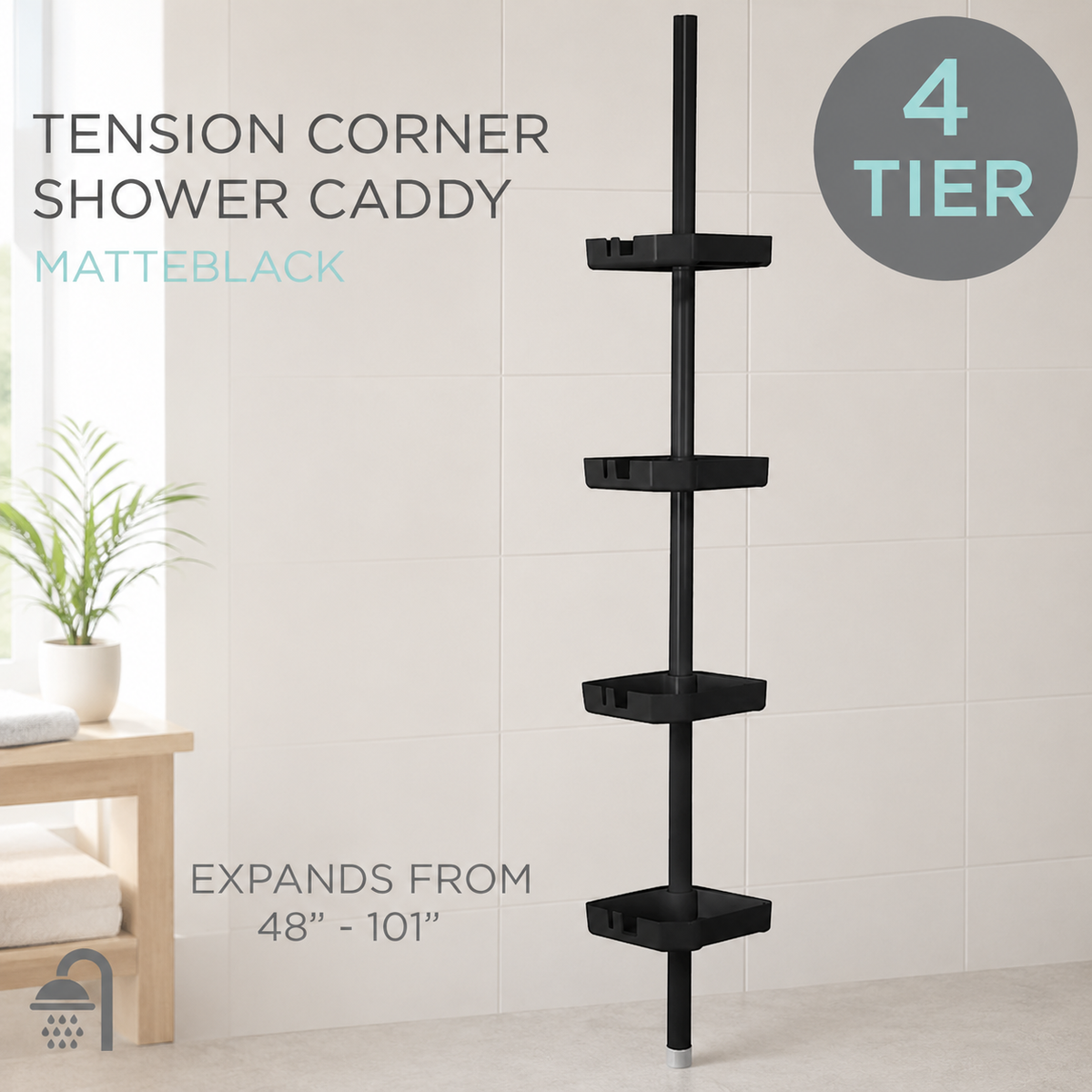 Matte Black 4-Tier Tension Shower Caddy