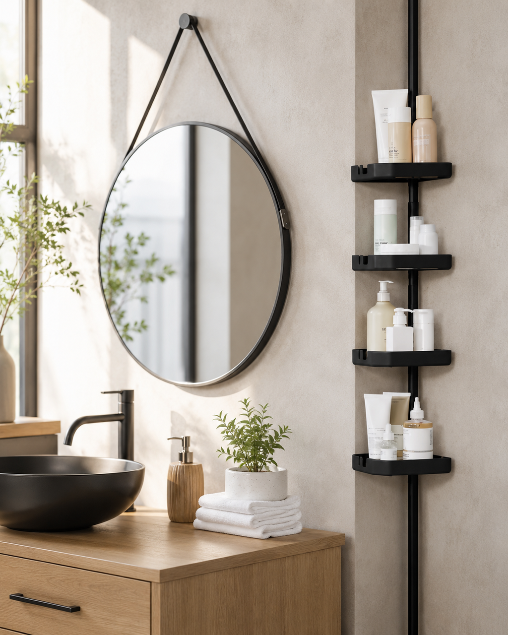Matte Black 4-Tier Tension Shower Caddy