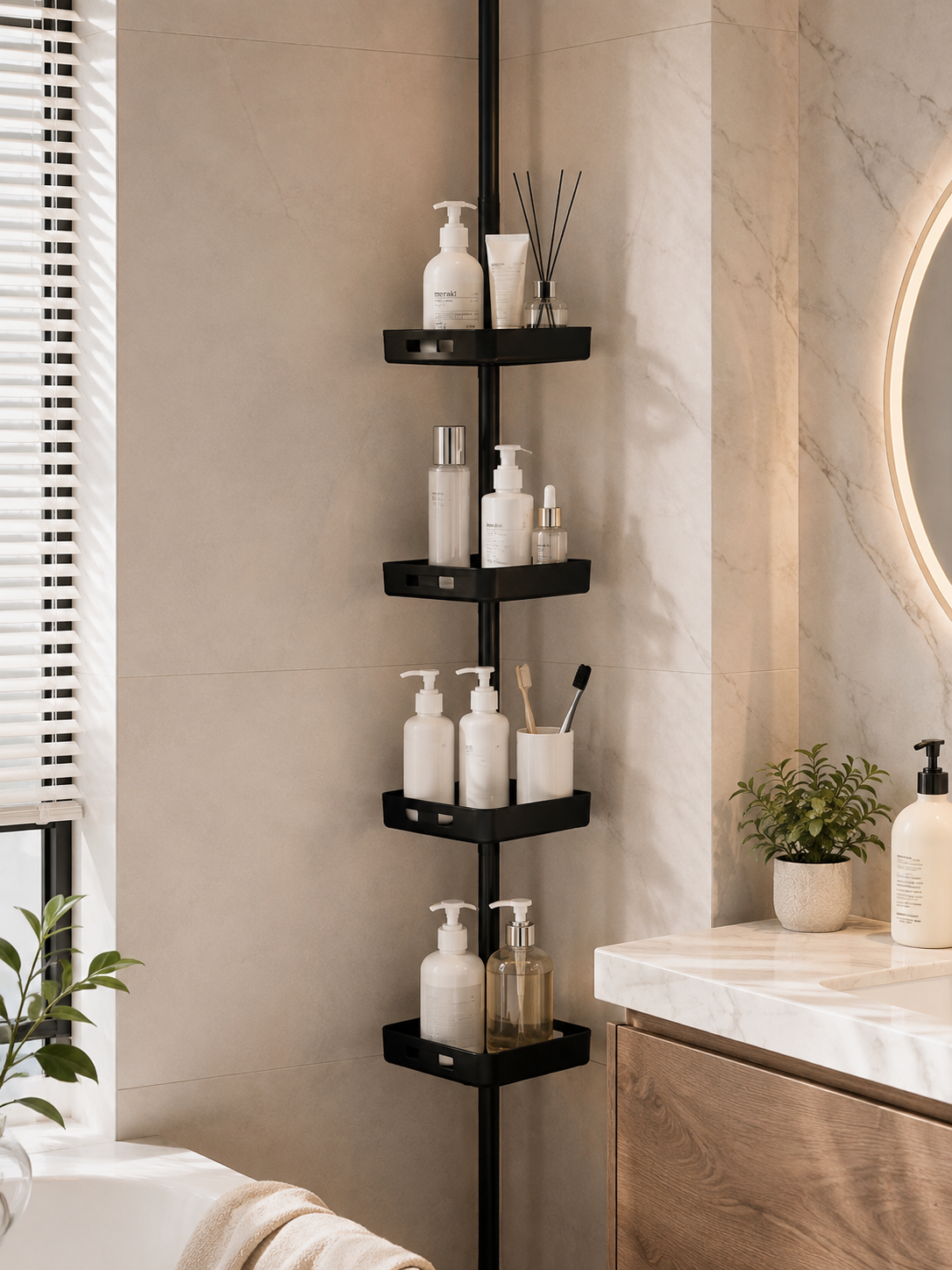 Matte Black 4-Tier Tension Shower Caddy
